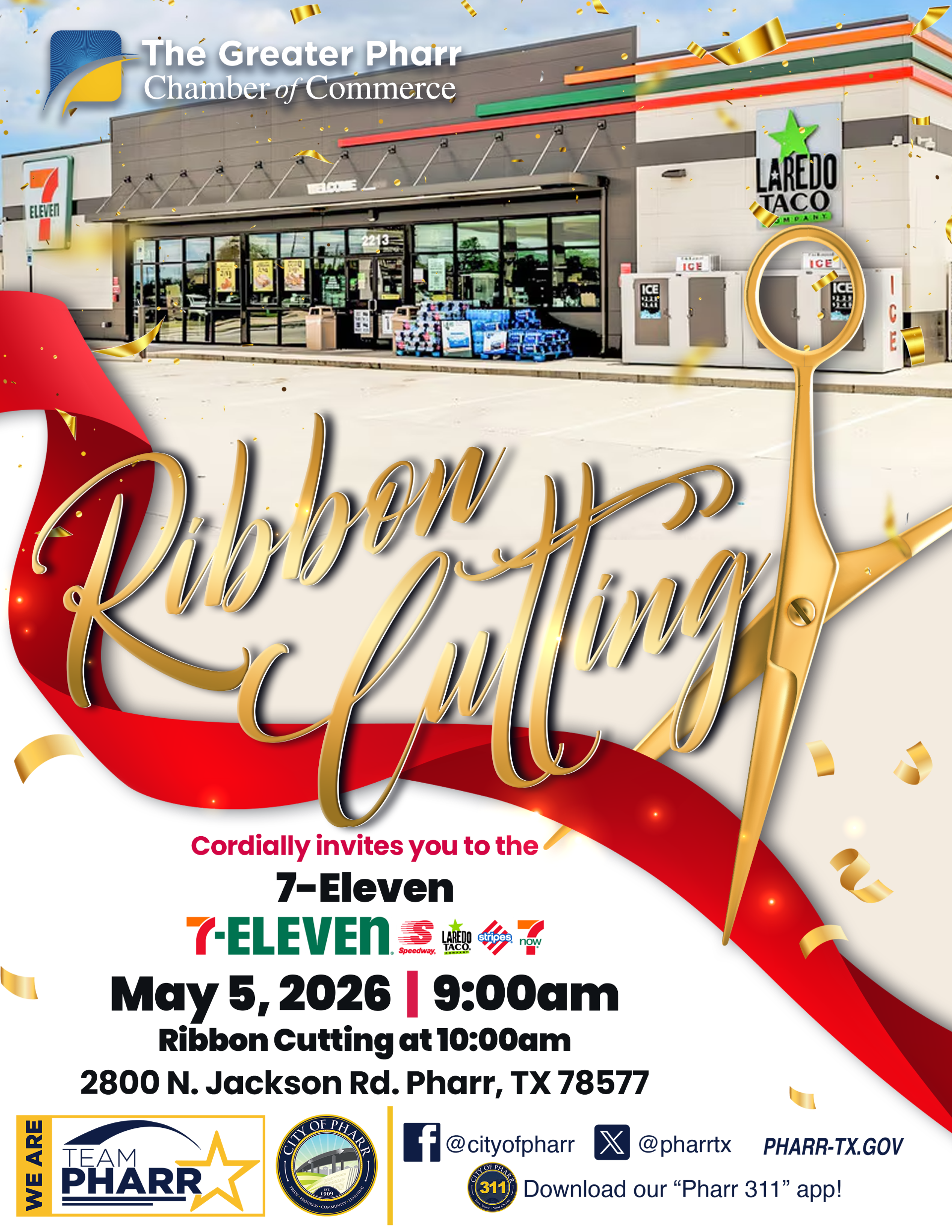flyer that details event location as 2800 N. Jackson Rd. in Pharr, TX and event time as 9 o'clock AM